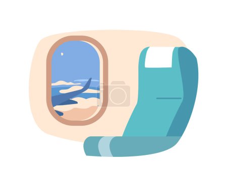 Illustration for Airplane Porthole With Clouds, Captivating Window View Of Fluffy Cloudscape, Offering Passengers A Mesmerizing Glimpse Into The Serene Beauty Of The Sky During Flight. Cartoon Vector Illustration - Royalty Free Image