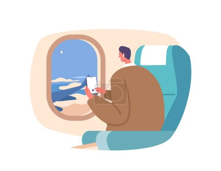 Ilustración de Curioso personaje masculino mirar a través del agujero de la puerta del avión, la captura de impresionantes vistas de nubes en la cámara del teléfono inteligente, abrazando la maravilla de los viajes. Dibujos animados Gente Vector Ilustración - Imagen libre de derechos