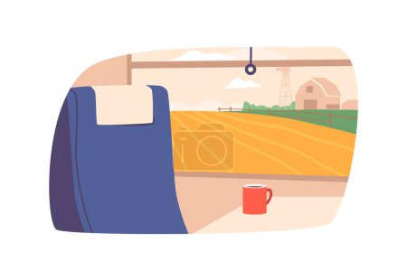 Illustration for Serene Train Window with Picturesque Rural Landscape, Offering Glimpses Of Rolling Hills, Vast Meadows, And Quaint Village, Creating Tranquil Journey Through Nature Beauty. Cartoon Vector Illustration - Royalty Free Image