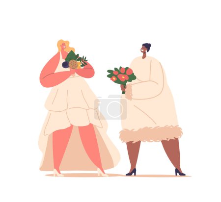 Illustration for Stunning Plus-size Bride Characters Adorned With Flowers, Radiating Confidence And Elegance On Special Day. Celebrating Love And Embracing Beauty In All Shapes And Sizes. Cartoon Vector Illustration - Royalty Free Image