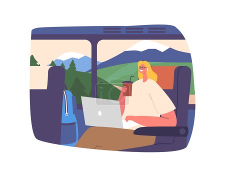 Illustration for Traveling Woman Uses Her Laptop On A Bus, Multitasking And Making The Most Of Her Time While Commuting. Female Character Drink Coffe and Work on Wireless Pc. Cartoon People Vector Illustration - Royalty Free Image