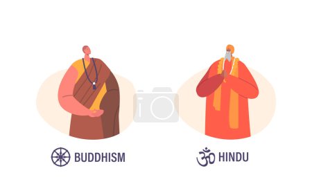 Illustration for Buddhism and Hindu Religious Ministers, Dedicated Characters Who Providing Spiritual Guidance, Conducting Religious Ceremonies, And Counseling To Their Congregation. Cartoon People Vector Illustration - Royalty Free Image