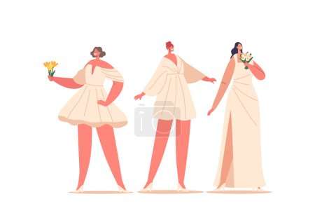 Illustration for Fashioned Stylish Brides, Female Characters Wear Exquisite Dresses, Adorned With Lace And Intricate Details, Carrying Bouquets Of Flowers To Complete Bridal Look. Cartoon People Vector Illustration - Royalty Free Image