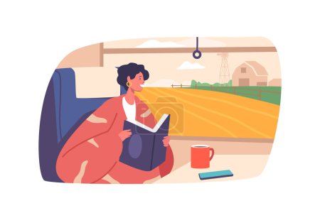Illustration for Woman Travels By Train, Engrossed In A Book, Immersing Herself In Its Pages As The Scenery Blurs Past Her Window. Female Character Enjoying Journey. Cartoon People Vector Illustration - Royalty Free Image