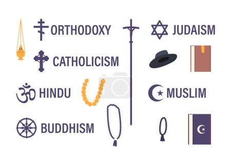 Illustration for Set of Religious Symbols. Orthodoxy and Catholicism Cross, Om Hinduism, Wheel of Dharma Buddhism, Star of David Judaism, Star and Crescent Islam. Cartoon Vector Illustration - Royalty Free Image