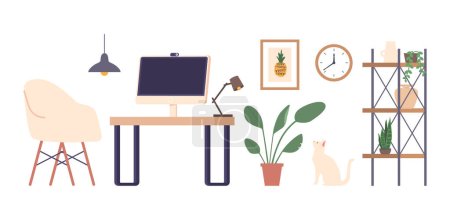 Illustration for Set of Icons Desk, Computer, Lamp and Shelf. Houseplant, Wall Picture and Clock with a Cat. Functional Workspace Items Ideal For Productivity, Study, Or Gaming. Cartoon Vector Illustration - Royalty Free Image