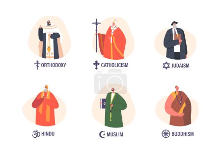 Illustration for Religious Minister Characters, Orthodoxy, Catholicism, Judaism, Hindu, Muslim and Buddhism Devoted Leaders Who Serve Their Communities, Providing Spiritual Guidance. Cartoon People Vector Illustration - Royalty Free Image