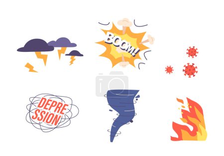 Illustration for Set of Icons Clouds with Thunderbolts, Explosion, Coronavirus Cells, Depression, Tornado and Fire Isolated on White Background. Cartoon People Vector Illustration - Royalty Free Image