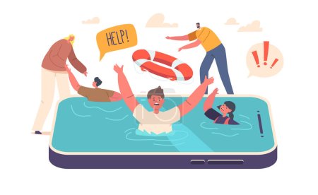 Illustration for Information Security of Kids Concept. Parents Throws Lifebuoy To Children Drowning In Smartphone Screen, Emphasizing The Importance Of Safeguarding Kids From Online Risks . Cartoon Vector Illustration - Royalty Free Image