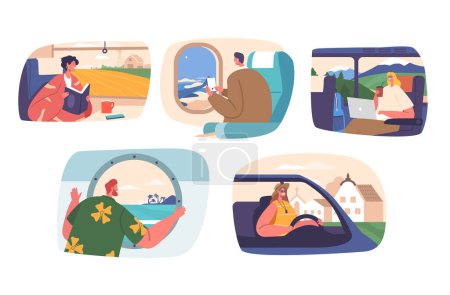 Ilustración de Personajes Viajando en Tren, Avión, Coche, Nave y Autobús Transporte. La gente mira las ventanas y se relaja durante el viaje. Modo de transporte conveniente y eficiente. Ilustración de vectores de dibujos animados - Imagen libre de derechos