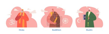 Illustration for Buddhism, Hindu and Muslim Religious Ministers, Characters Who Providing Spiritual Guidance, Conducting Religious Ceremonies, And Counseling To Their Congregation. Cartoon People Vector Illustration - Royalty Free Image