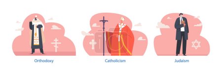 Illustration for Orthodoxy, Catholicism, Judaism Religious Ministers Who Serve Their Respective Faith Communities, Guiding And Offering Spiritual Support Through Ceremonies, Teaching. Cartoon Vector Illustration - Royalty Free Image