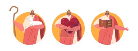 Illustration for Isolated Round Icons or Avatars of Jesus Character Depicted With Lamb and Staff in Hands, Holding Heart Or Bible, Symbolizes Love And Wisdom, Compassion, And The Divine Guidance. Vector Illustration - Royalty Free Image
