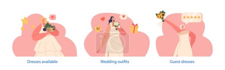 Illustration for Isolated Elements with Bride Characters Wear Elegant Dresses On Wedding Day, Outfits Reflecting Their Personal Style And Creating Memorable Bridal Look. Cartoon People Vector Illustration - Royalty Free Image