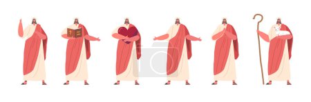 Illustration for Jesus in Different Poses, In Prayer With Hands Clapped, Demonstrating Devotion And Humility. Teaching Jesus Standing With Outstretched Arms, Imparting Wisdom And Guidance. Cartoon Vector Illustration - Royalty Free Image