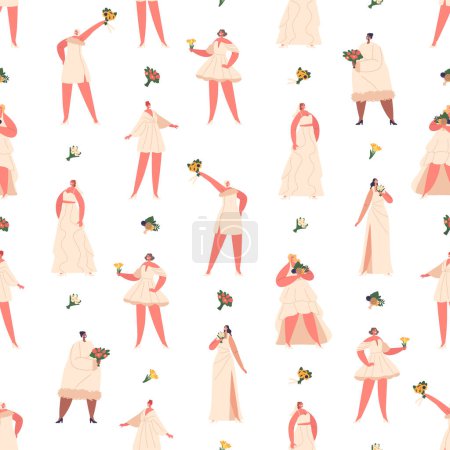 Illustration for Seamless Bridal Pattern, A Charming And Elegant Design Featuring Brides In Various Poses And Wedding Attire Perfect For Adding Romantic Touch To Fabrics, Wallpapers. Cartoon People Vector Illustration - Royalty Free Image
