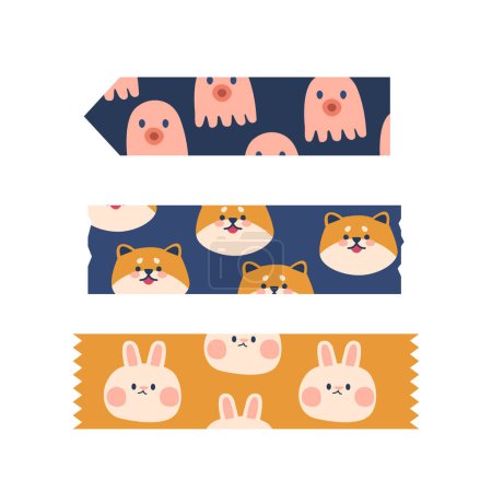 Illustration for Colorful Decorative Tape with Cute Ghosts, Shiba Inu Dog and Rabbit Patterns, Perfect For Adding A Creative Touch To Crafts, Gifts, And Diy Projects. Adorable Pieces Set. Cartoon Vector Illustration - Royalty Free Image