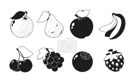 Ilustración de Iconos de frutas blancas y negras, elementos aislados. Uva, plátanos o cereza, arándanos, pera y naranja con colección de manzana y fresa, Bono, activos, conjunto de pictogramas vectoriales monocromáticos - Imagen libre de derechos