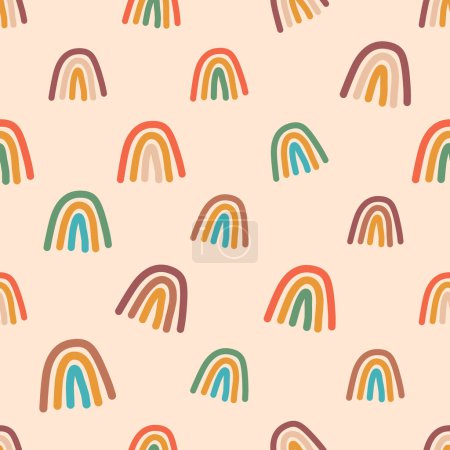 Illustration for Delightful Seamless Pattern Showcasing Adorable Rainbows In Various Colors, Creating A Whimsical And Cheerful Design Perfect For Kids Wallpaper, Textile or Prints. Cartoon Vector Illustration - Royalty Free Image