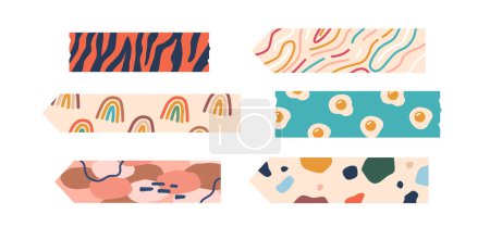 Illustration for Vibrant Decorative Tape Set With A Variety Of Colors And Patterns such as Tiger Skin, Rainbow, Fried Eggs. Bright Sticky Stripes Perfect For Crafts, Gifts And Diy Projects. Cartoon Vector Illustration - Royalty Free Image