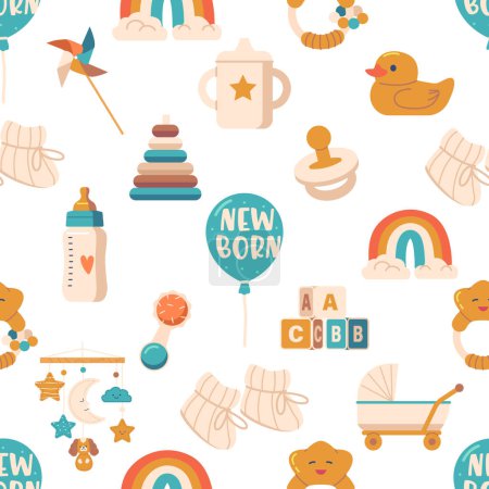 Illustration for Charming Seamless Pattern Featuring Adorable Newborn Toys And Items. Perfect For Creating Baby-themed Designs And Adding A Playful Touch To Any Project. Cartoon Vector Illustration - Royalty Free Image