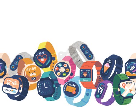 Illustration for Smart Watches Seamless Pattern, Stylish Horizontal Border, Frame or Wallpaper Design Showcasing An Array Of Smart Watch Gadgets In A Repeat Tile Ornament. Cartoon Vector Illustration - Royalty Free Image