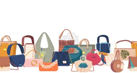 Illustration for Elegant And Stylish Seamless Pattern With Women Bags And Clutches Showcases A Variety Of Fashionable Accessories, For Creating Trendy Designs For Textiles Or Wallpapers. Cartoon Vector Illustration - Royalty Free Image