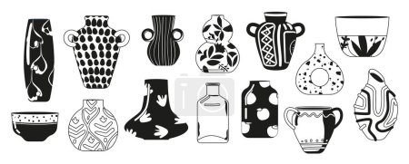 Illustration for Black And White Pots And Vases Icons Set. Modern and Ancient Crockery, Sleek And Contemporary Minimalist Design Isolated Clay or Ceramics Home Decor or Museum Objects. Vector Illustration - Royalty Free Image