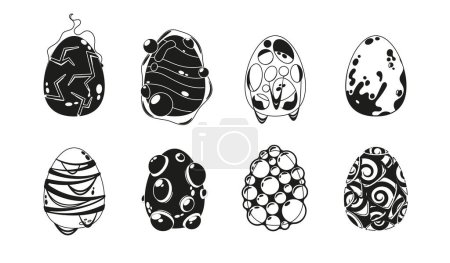 Téléchargez les illustrations : Icônes de jeu noir et blanc avec une variété d'œufs fantastiques. Parfait pour une expérience de jeu amusante et addictive, captivant les joueurs avec leurs conceptions fantaisistes. Illustration vectorielle - en licence libre de droit