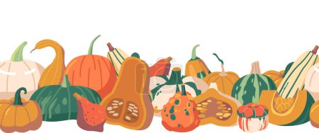 Illustration for Seamless Pumpkin Pattern or Endless Horizontal Border with Playful Arrangement Of Autumn Vegetable. Festive Design for Wallpaper, textile or Creative Projects. Cartoon Vector Illustration - Royalty Free Image