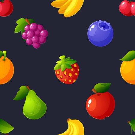 Illustration for Seamless Pattern with Cartoon Fruits and Berries. Wallpaper, Casino , Slot Machine Gambling Game, Mobile Puzzle. Grape, Bananas Or Cherry, Blueberry, Pear And Orange With Apple, Strawberry Vector Tile - Royalty Free Image