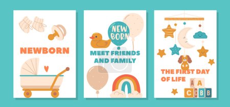 Illustration for Banners with Baby Toys and Items. Templates for Baby Shower Party with Stroller, Pacifier, Socks and Balloons. Rainbow, Mobile and Wooden Blocks. Cards or Brochure Covers. Cartoon Vector Illustration - Royalty Free Image