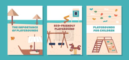 Ilustración de Banners con conchas vibrantes, diseños de conchas lúdicas, perfectos para crear una atmósfera animada e invitadora en parques infantiles, playas y áreas recreativas. Ilustración de vectores de dibujos animados - Imagen libre de derechos