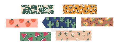 Illustration for Vibrant Decorative Tape Collection, Colorful And Patterned Adhesive Stripes with Monstera, Cacti, Strawberry, Watermelon and Flowers Creative Crafts, Gifts, And Stationery. Cartoon Vector Illustration - Royalty Free Image