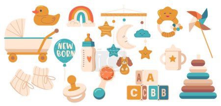 Illustration for Colorful Toys And Items Designed For Babies To Engage And Stimulate Their Senses. Including Toys, Rattles, Teething Rings And Mobile, Stroller, Pacifier, Socks and Pyramid. Cartoon Vector Illustration - Royalty Free Image