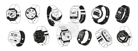 Illustration for Black And White Smartwatches With A Range Of Smart Features, Including Fitness Tracking, Notifications, Customizable Watch Faces. Sleek And Stylish Gadgets For Tech-savvy Individuals. Vector Icons Set - Royalty Free Image