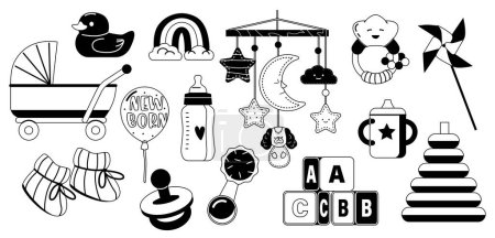 Illustration for Black and White Set of Toys And Items For Babies To Engage Their Senses. Including Toys, Rattles, Teething Rings, And Mobile, Stroller, Pacifier, Socks And Pyramid. Monochrome Vector Illustration - Royalty Free Image