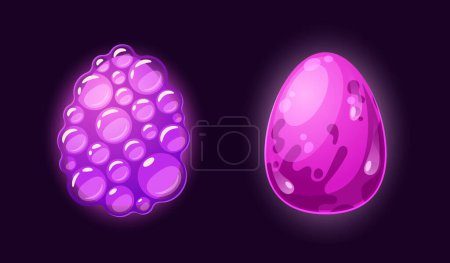 Illustration for Cartoon Fantasy Eggs of Dragon With Mysterious Bubbles and Purple Shell. Dinosaur And Reptile Ui Game Assets. Magic Colorful Textured, Pimpled, Gui Graphics. Fantastic Eggs Vector Illustration - Royalty Free Image