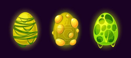 Ilustración de Iconos de juego de huevos fantásticos llamativos, con diseños vibrantes y caprichosos. Elementos de juego lúdicos y encantadores con conchas, granos y texturas brillantes verdes. Ilustración de vectores de dibujos animados - Imagen libre de derechos