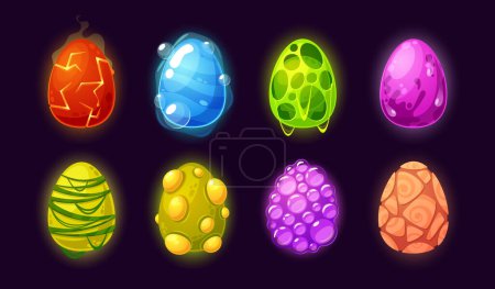 Illustration for Cartoon Dragon Eggs, Dinosaur And Reptile Ui Game Assets Set. Magic Collection With Colorful Textured, Pimpled, Cracked, Glowing, Fire And Power Energy Shells Isolated Gui Graphic Vector Illustration - Royalty Free Image