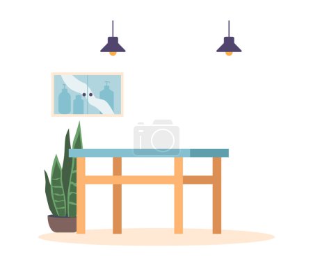 Illustration for Well-equipped Vet Clinic Interior With A Sturdy Examination Table, Essential Medical Supplies, And A Calming Ambiance To Provide Quality Care For Animals In Need. Cartoon Vector Illustration - Royalty Free Image