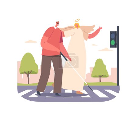 Illustration for Angel Keeper Guides A Blind Man Safely Across The Road, Offering Support And Assistance In Navigating The Bustling Traffic. Celestial Being Help to Male Character. Cartoon People Vector Illustration - Royalty Free Image
