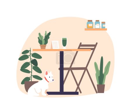 Téléchargez les illustrations : Green Smoothie Cup sur une table basse élégante avec chien assis à proximité, invitant les clients à savourer leurs boissons rafraîchissantes au milieu d'une atmosphère branchée et vibrante. Illustration vectorielle de bande dessinée - en licence libre de droit