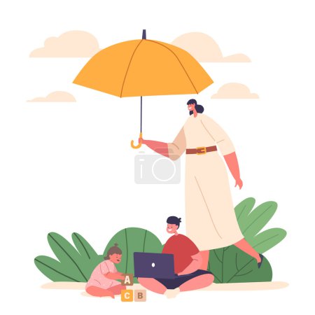 Illustration for Mother Shield Little Kids Under An Umbrella, Symbolizing Family Protective Embrace. It Embodies The Concept Of Safety And Care, Keeping Loved Ones Sheltered From Dangers. Cartoon Vector Illustration - Royalty Free Image