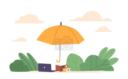Illustration for Collection Of Everyday Items, Umbrella, Laptop, Book, Kid Toys. Useful For Protection, Work, Learning, And Play, Catering To Different Needs And Interests. Cartoon Vector Illustration - Royalty Free Image