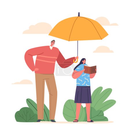 Téléchargez les illustrations : Parapluie familial protecteur, le père tient un parapluie sur sa petite fille lisant un livre, symbolisant le concept d'unité familiale et protégeant leurs proches. Illustration vectorielle de bande dessinée - en licence libre de droit