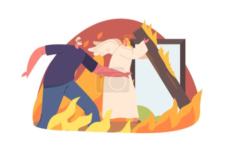 Illustration for Angel Keeper Rescues Man From Burning House, Guiding Him To Safety Amidst Flames And Smoke, Ensuring His Survival And Protecting Him From Harm. Cartoon Vector Illustration - Royalty Free Image