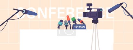 Illustration for Press Conference Studio Interior, Empty Room With Tribune, Camera and Microphones. Media Industry, Briefing, Politics Event, Conceptual Background. Cartoon Vector Illustration - Royalty Free Image