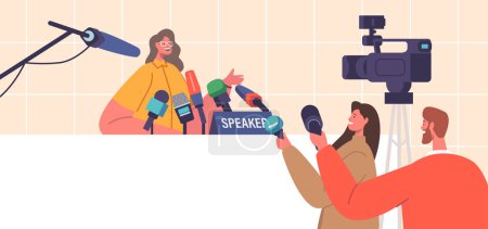 Illustration for Political Mass Media Announcement, Live News Tv Broadcasting with Cameraman and Reporter Journalist Listening Woman Speaker Standing on Tribune with Microphones. Cartoon People Vector Illustration - Royalty Free Image
