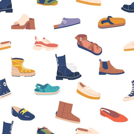 Illustration for Stylish Seamless Pattern with Shoes, Design Featuring Various Types Of Footwear such as Leather Boots, Slipper, Sneakers, Perfect For Fashion Stores, Shops and Showrooms. Cartoon Vector Illustration - Royalty Free Image